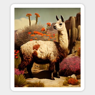 Vintage llama standing in the desert with flowers and cacti illustration Magnet